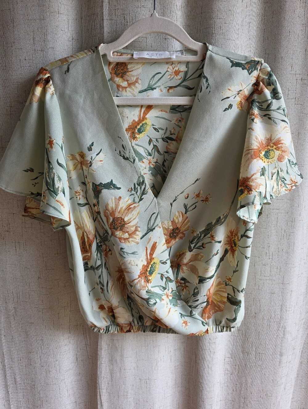 ASTR Floral Wrap Blouse in Mint Green with Yellow Accents S